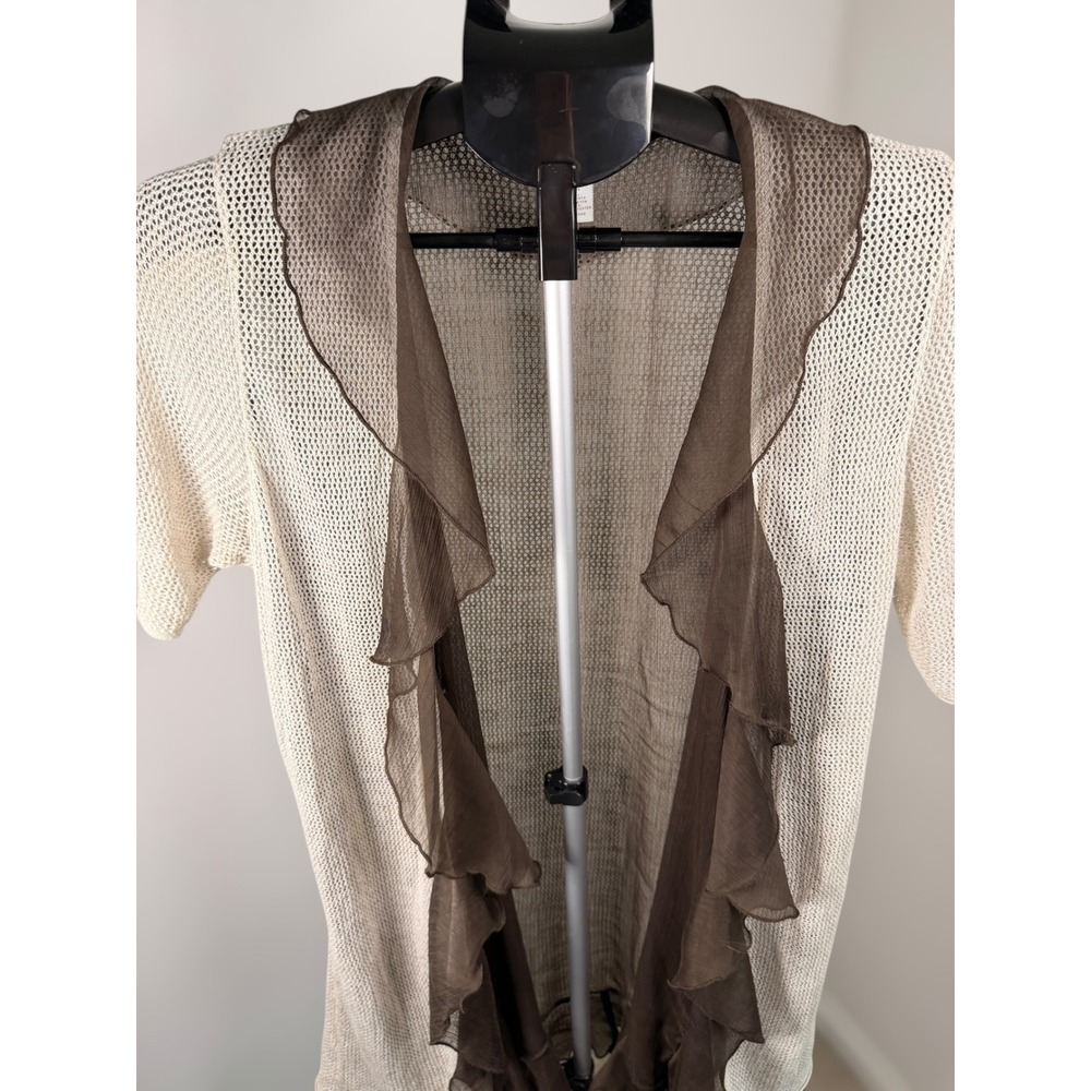 Chico's Open Front Mesh Cardigan Brown Ruffle Trim Linen Blend Short Sleeve 1 M - Picture 2 of 7